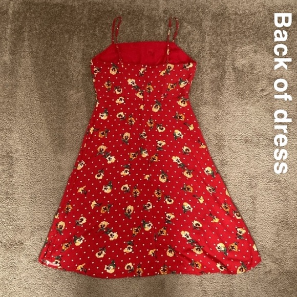 Forever 21 red w/ yellow floral & white dots details midi summer dress, medium - Picture 8 of 15